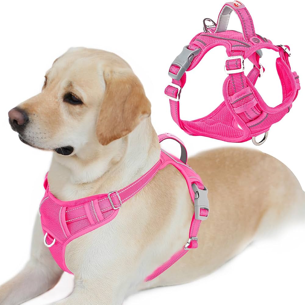 BARKBAY Dog Harness No Pull with ID Tag Pocket - Heavy Duty, Reflective, Easy Control for Large Dogs(Pink,L)