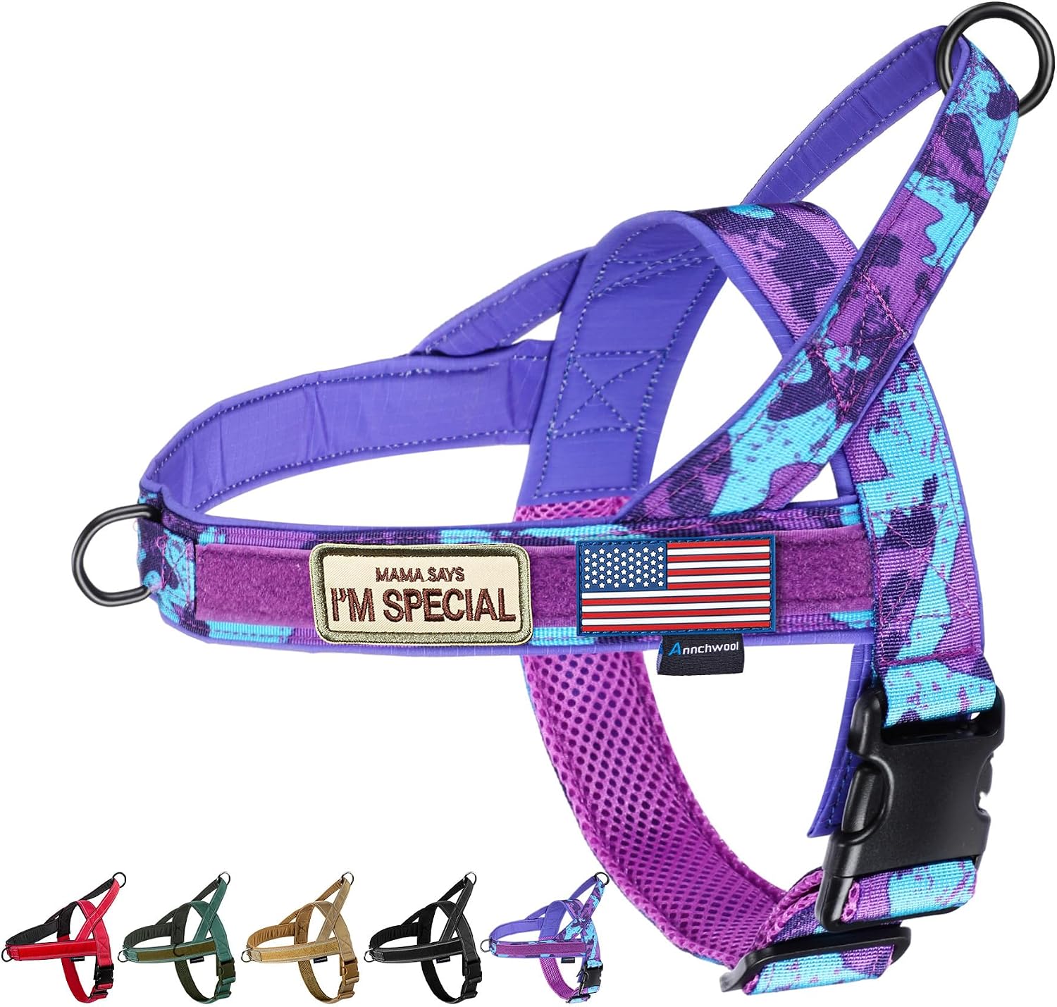 Annchwool No Pull Dog Harness with Soft Padded Handle,Escape Proof and Quick Fit to Adjust Dog Harness,Easy for Training Walking for Small & Medium and Large Dogs(Camo Purple,M)