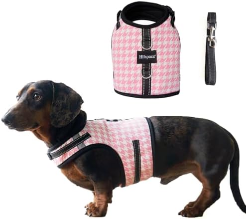 Dog Harness for Mini Dachshund, Houndstooth Rub-Free Dachshund Harness Vest, No Pull & Escape Proof, No Armpit Rub, Reflective Adjustable Dog Harness (Pink, S: Chest 32-41cm (12.5"-16"))